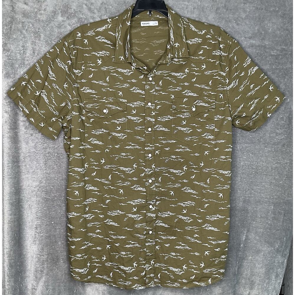Sonoma Mens XXL Olive Green Shirt Snap Front Bird Wave Print Short Sleeves